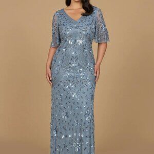Lara Cape Sleeve Blue V-Neck Beaded Gown, Mother of the Bride, Brand New w Tags